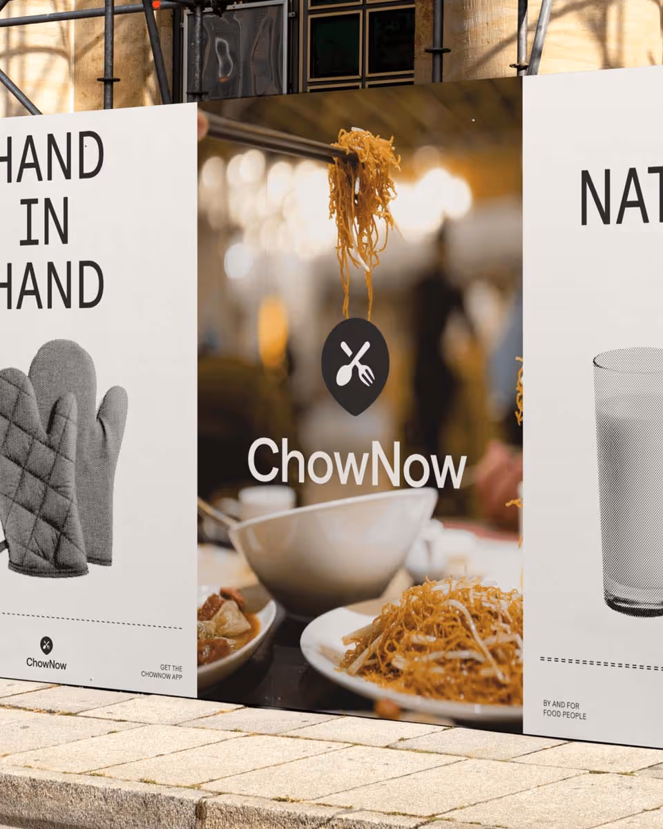 ChowNow outdoor advertising campaign featuring four billboard panels showcasing handmade food photography and brand messaging