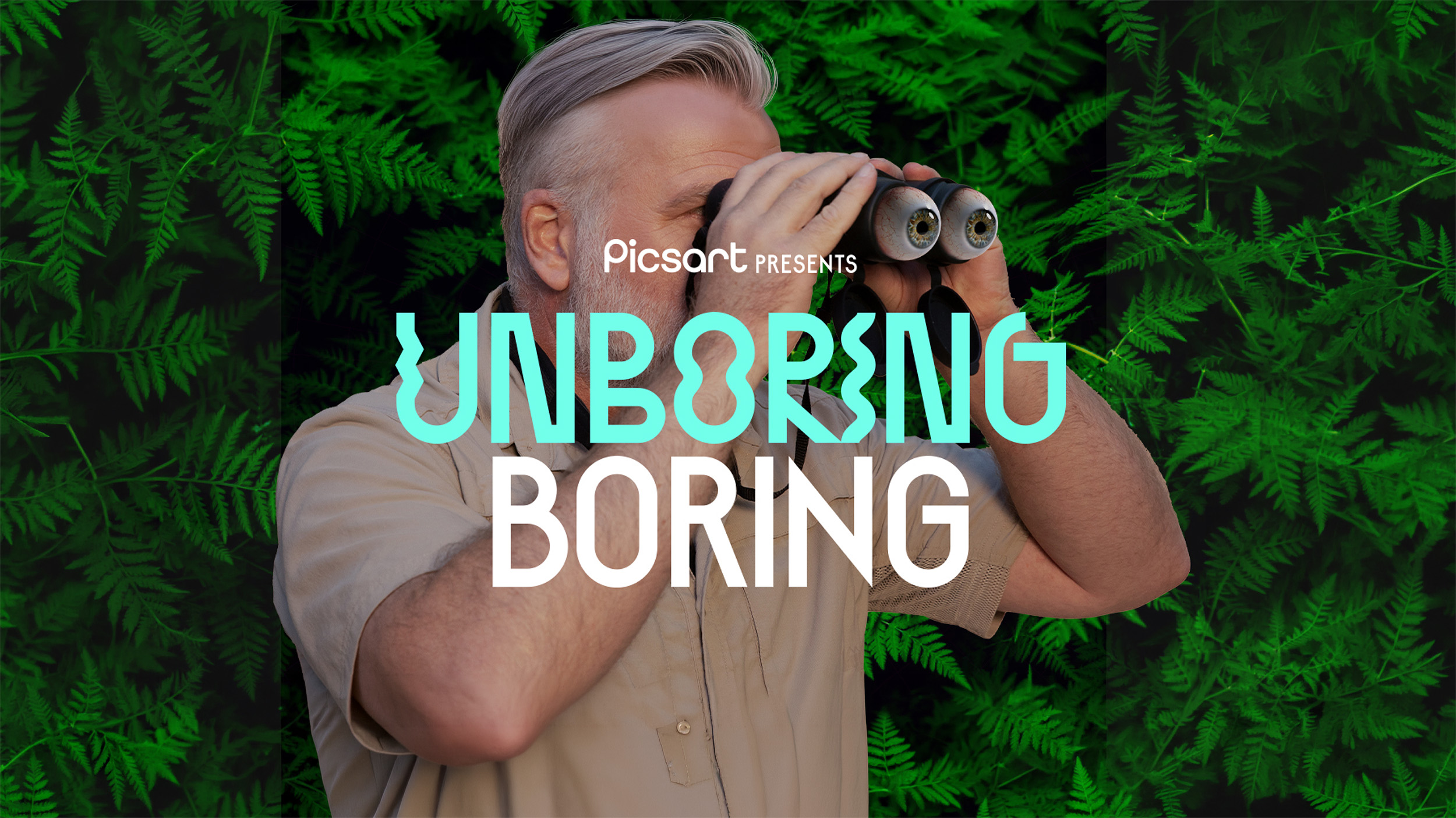 Man looking through binoculars with oversized googly eyes attached to the lenses against blue sky background