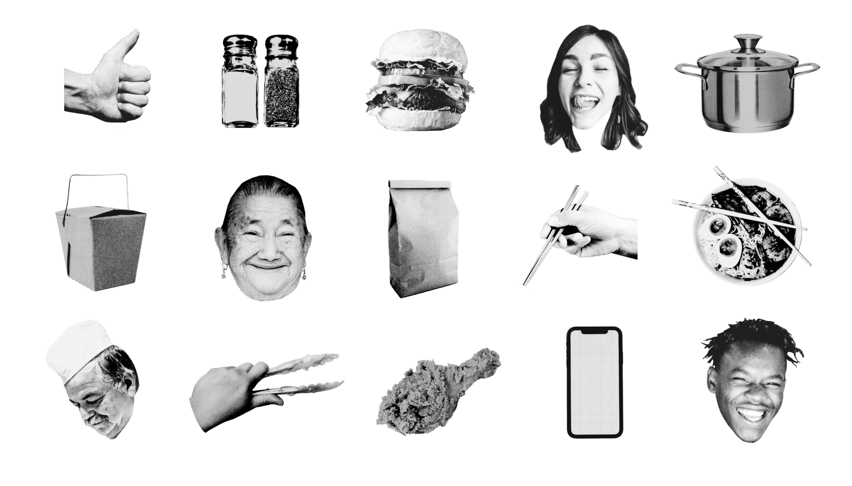 Black-and-white photo collage of food and people: a burger, salt and pepper shakers, takeout containers, chopsticks, a noodle bowl, a chef, fried chicken, and smiling diners
