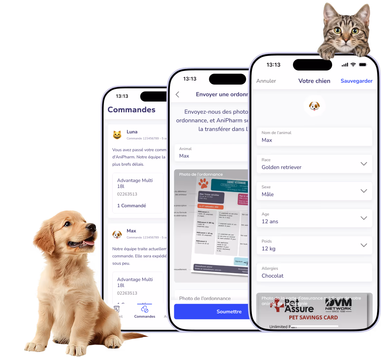 Interface d'application mobile avec gestion des commandes et profil d'un chien appelé Max, accompagnée d'un chiot assis et d'un chat regardant par-dessus.