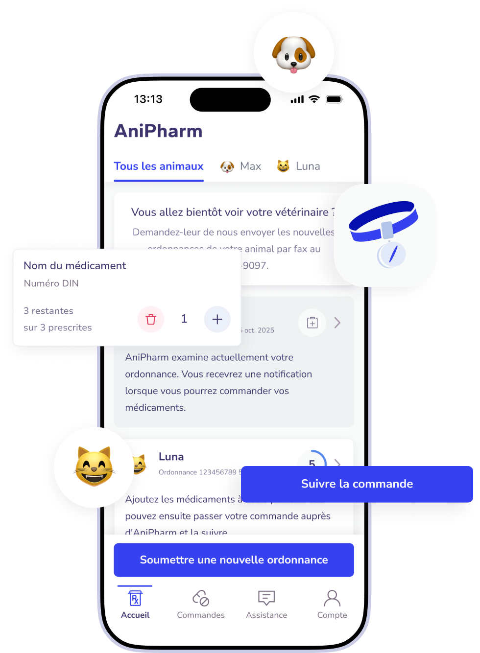 Écran d'application AniPharm affichant la gestion des ordonnances pour animaux Max et Luna avec options pour soumettre une nouvelle ordonnance et suivre la commande.