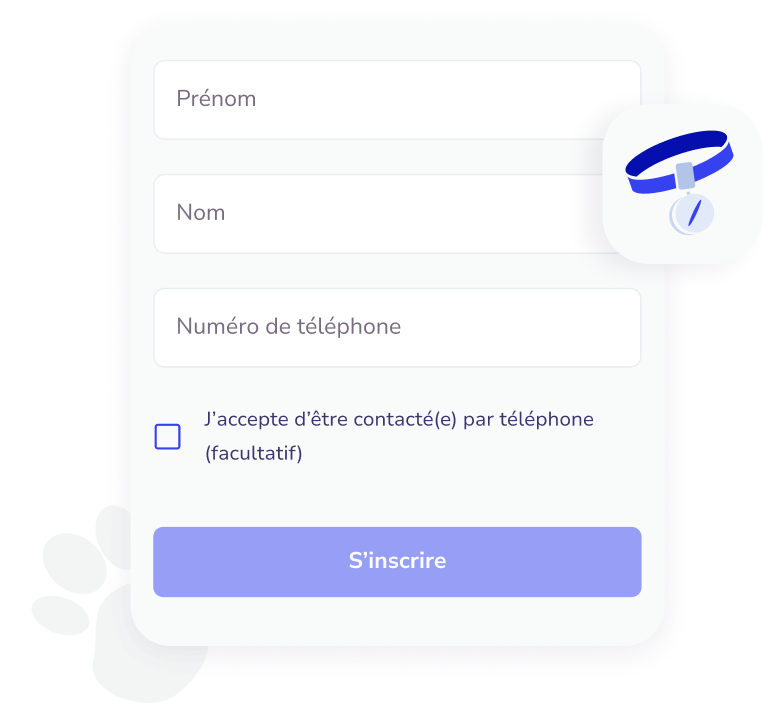 Formulaire d'inscription avec champs pour prénom, nom, numéro de téléphone, case à cocher pour accepter d'être contacté par téléphone, et bouton violet S’inscrire.