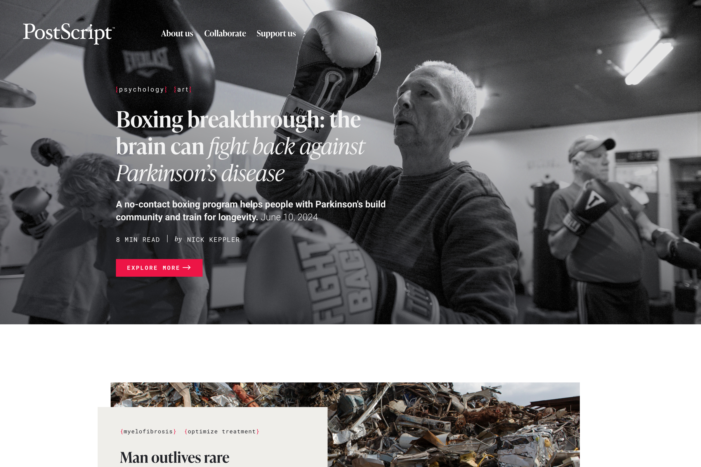 Three older men wearing boxing gloves and training in a gym with punching bags.