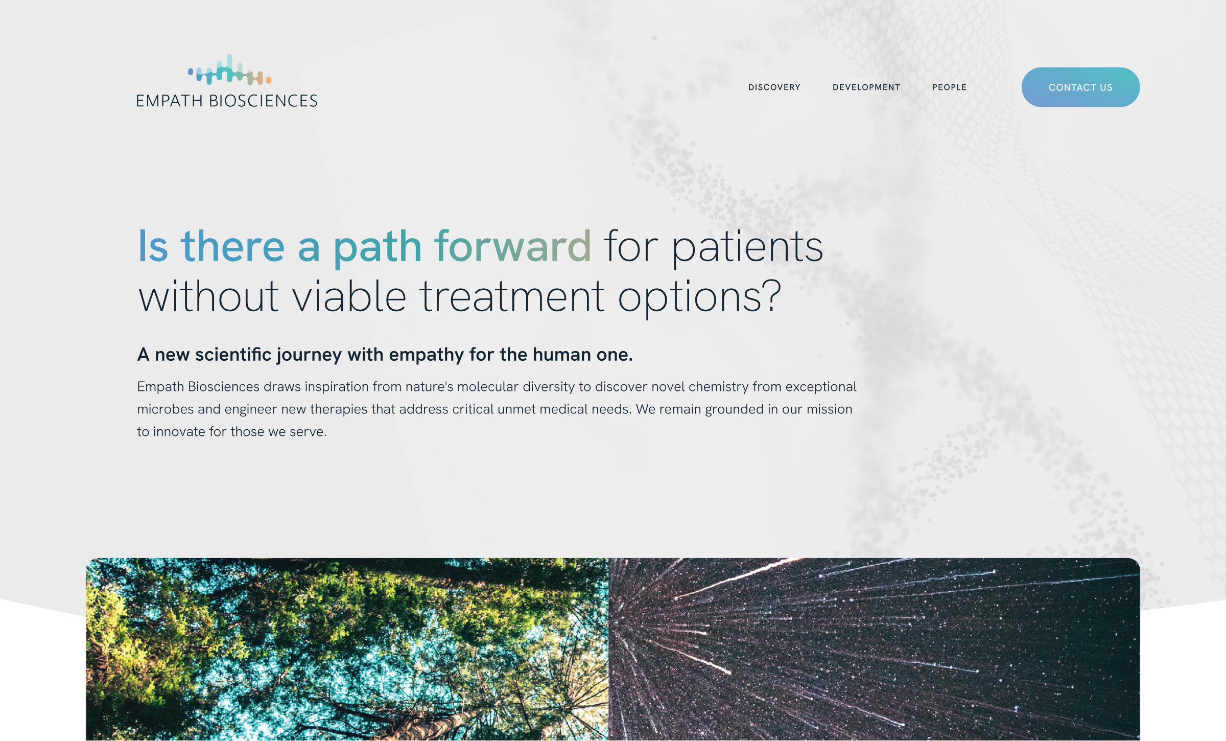Empath Biosciences homepage with text asking if there is a path forward for patients without viable treatment options, alongside navigation links and nature and starry sky imagery.