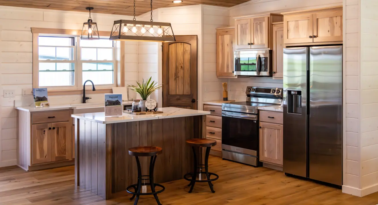 clean kitchen of modular home with island