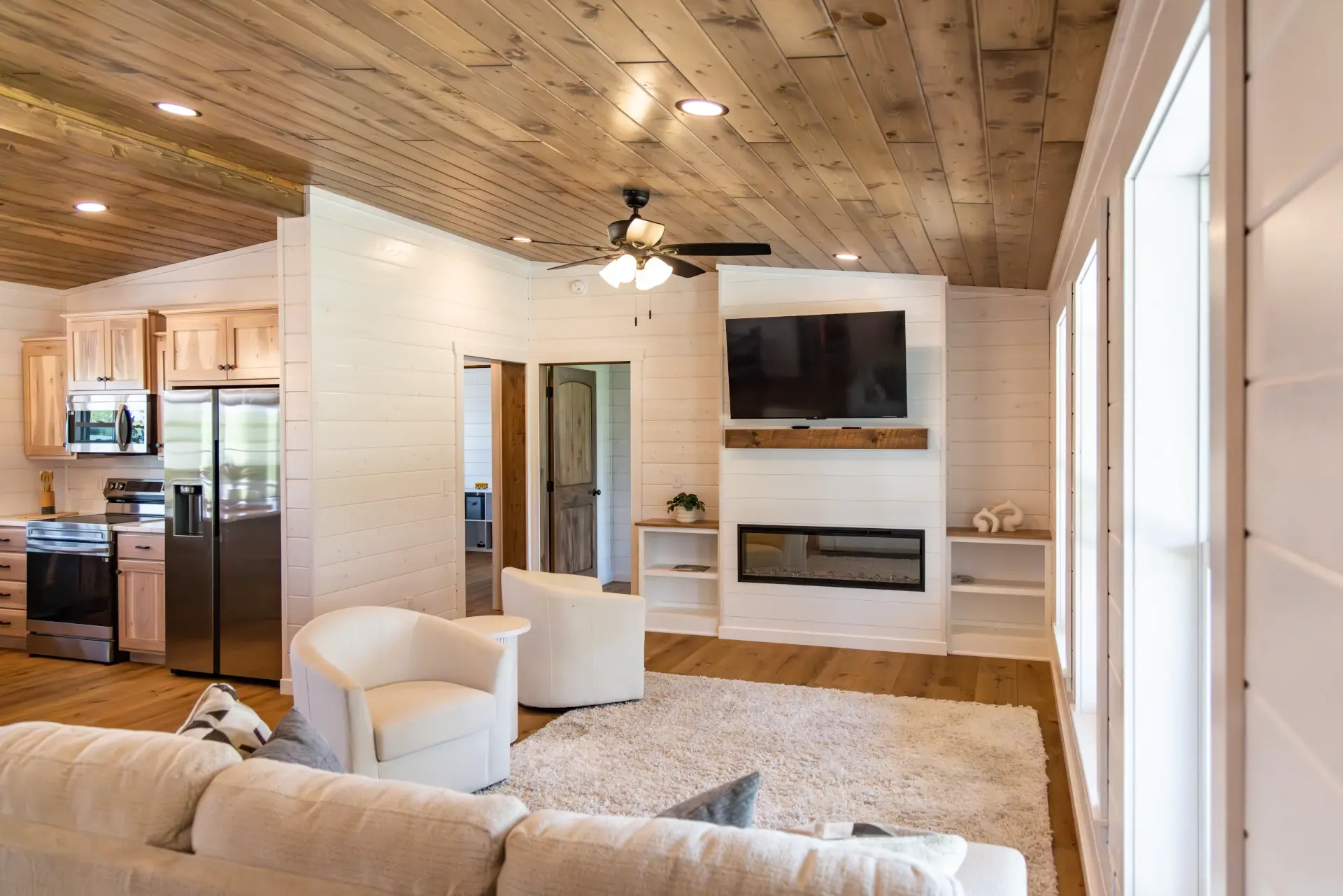 tiny home wood slate ceiling living room