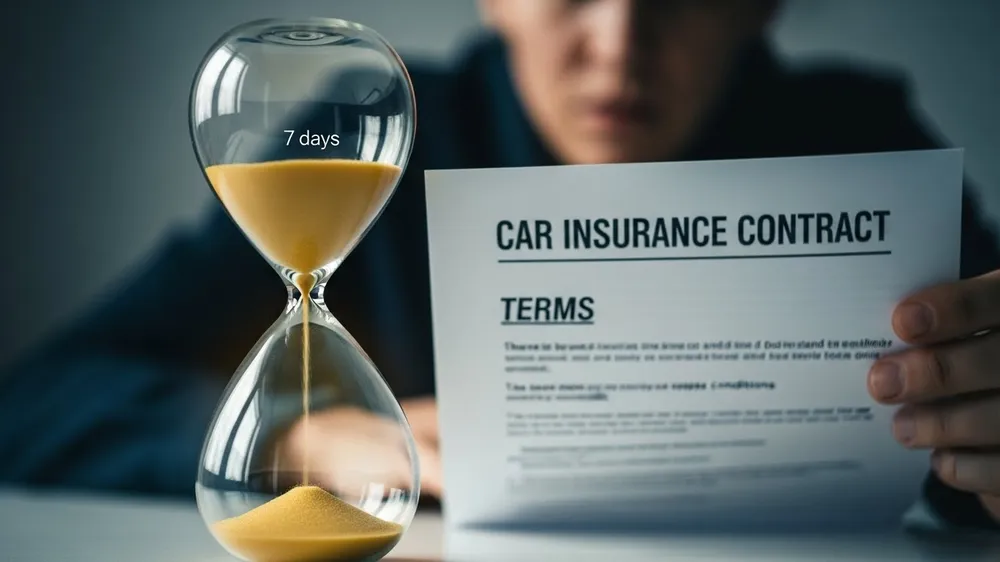 Pessoa lendo contrato de seguro ao lado de ampulheta de 7 dias