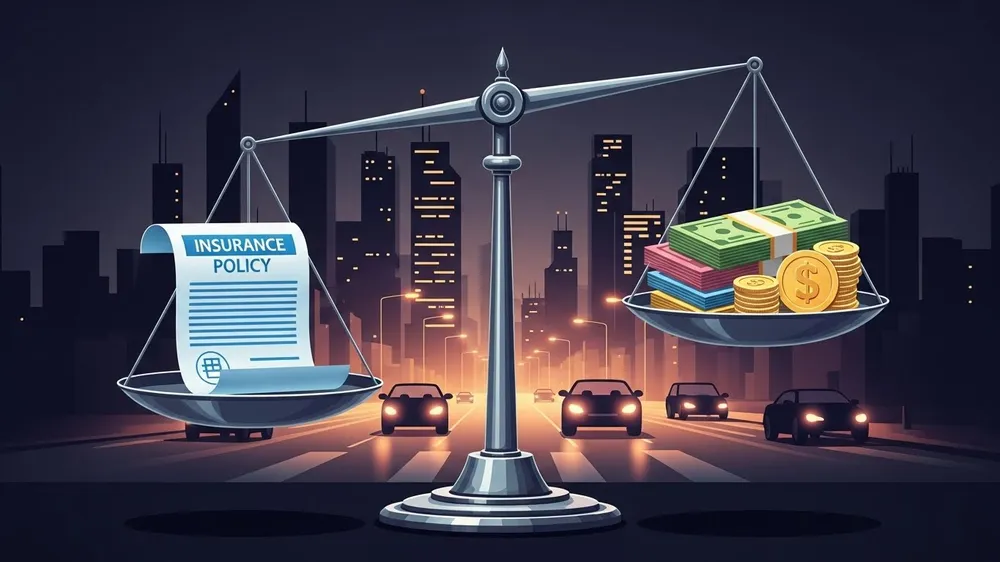 Balança comparando apólice de seguro com dinheiro em notas e moedas