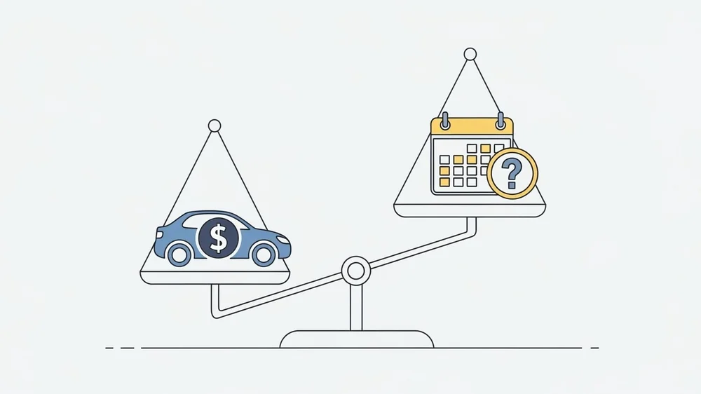 Carro e calendário em uma balança ilustrada