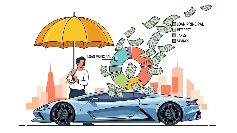 Homem sob guarda-chuva protegendo-se de gastos do carro