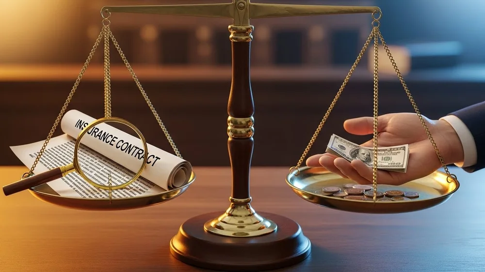 Balança com contrato de seguro e dinheiro, peso de valores