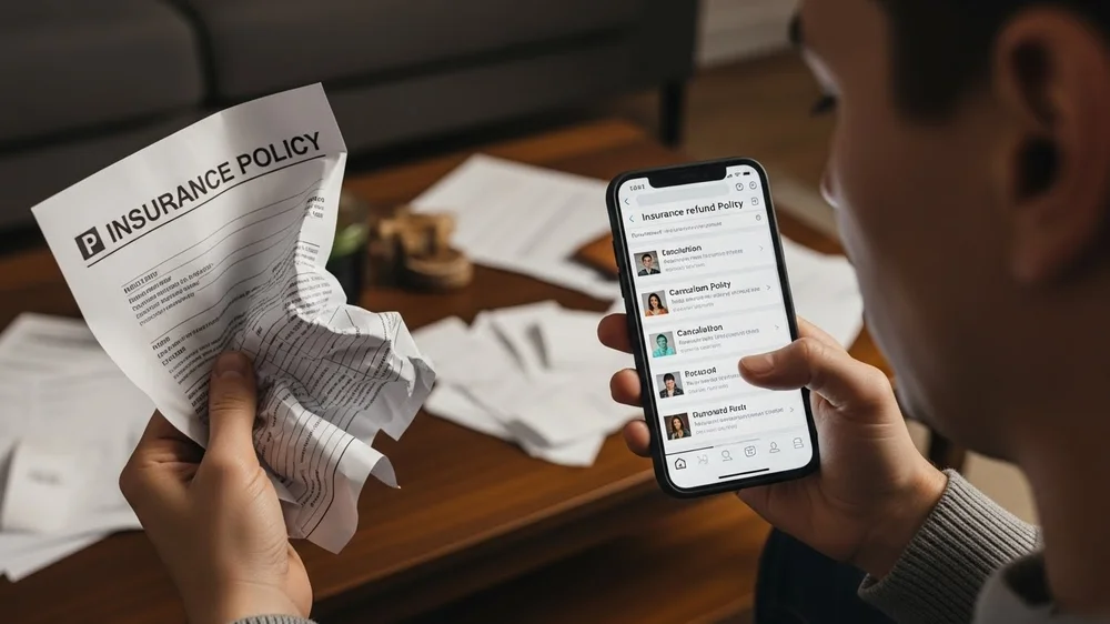 Homem segura apólice de seguro e navega app de reembolso