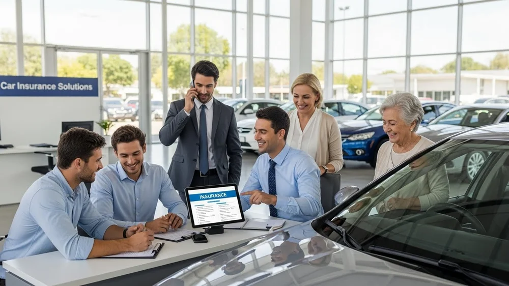 Grupo de pessoas e agentes de seguros em torno de um tablet em uma concessionária