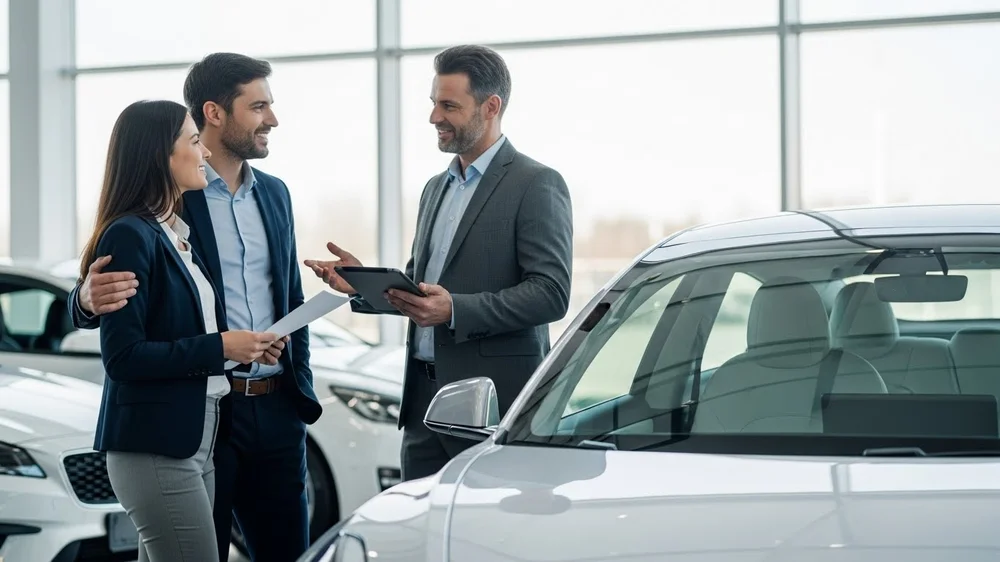 Casal conversando com vendedor em uma concessionária de carros, ao lado de um veículo