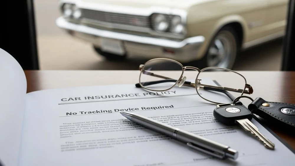 Documento de seguro auto, caneta, chaves e carro clássico.