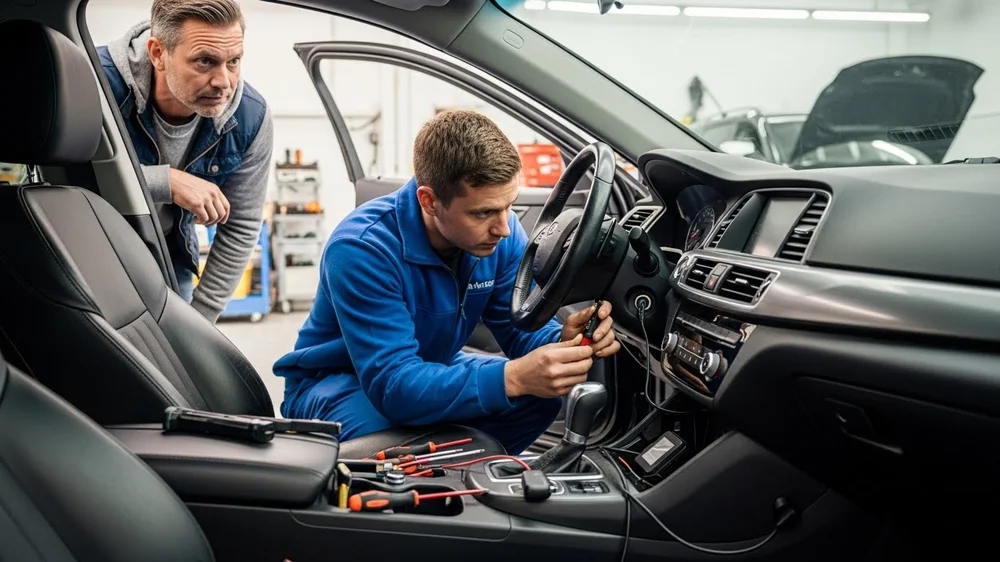 Mecânico e cliente inspecionando o painel de um carro.