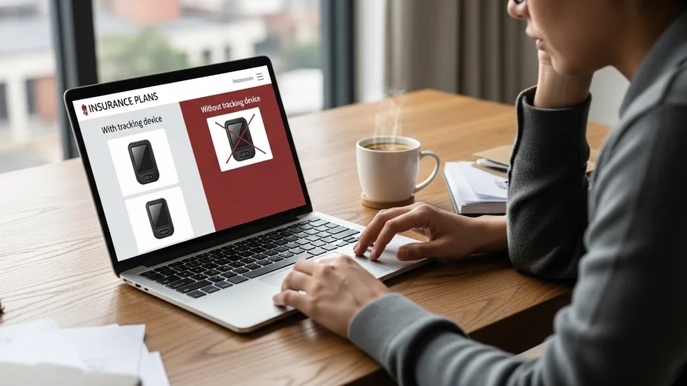 Mulher escolhendo plano de seguro de carro em laptop.