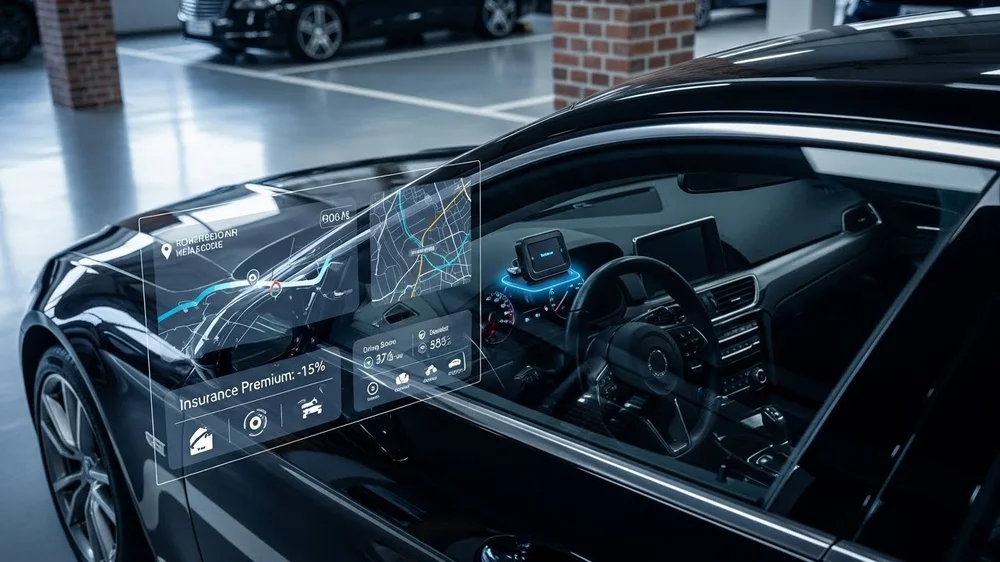 Carro com interface digital exibindo dados de navegação e seguro.