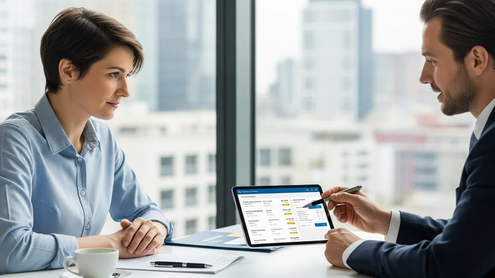 Executivos analisam dados e propostas de negócios em reunião.