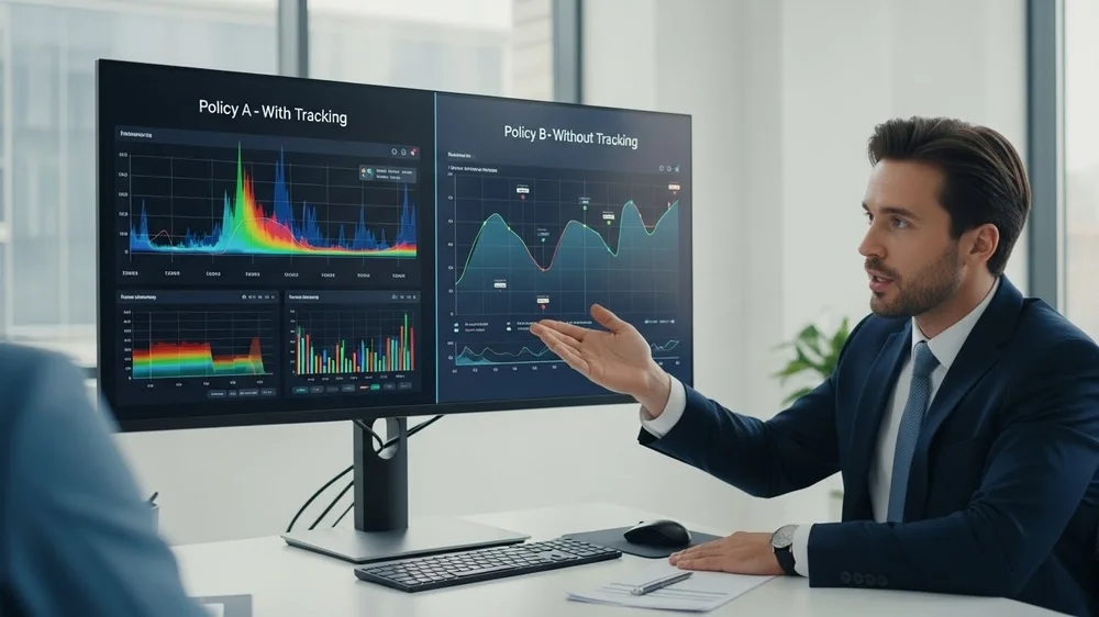 Analista de negócios compara gráficos de desempenho em tela dupla.