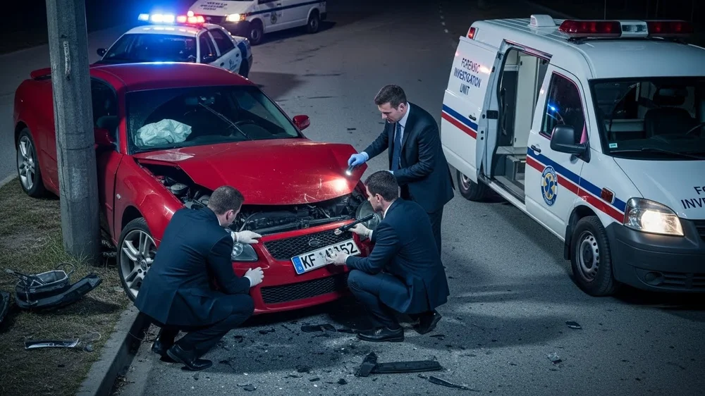 Peritos forenses examinando a frente de um carro esportivo vermelho danificado em um local de acidente.