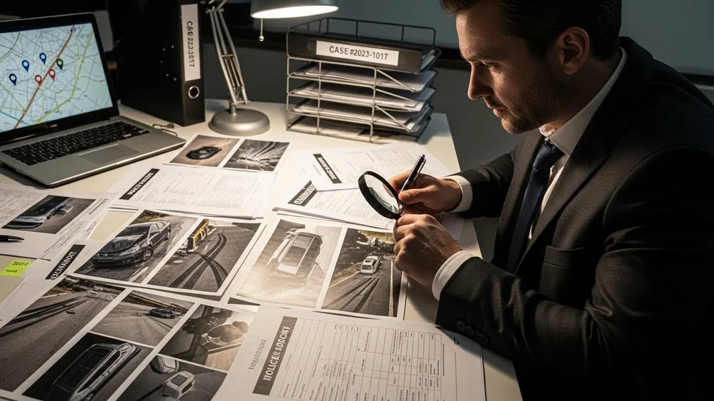 Investigador de seguros analisando fotos de acidentes e relatórios de caso com lupa.