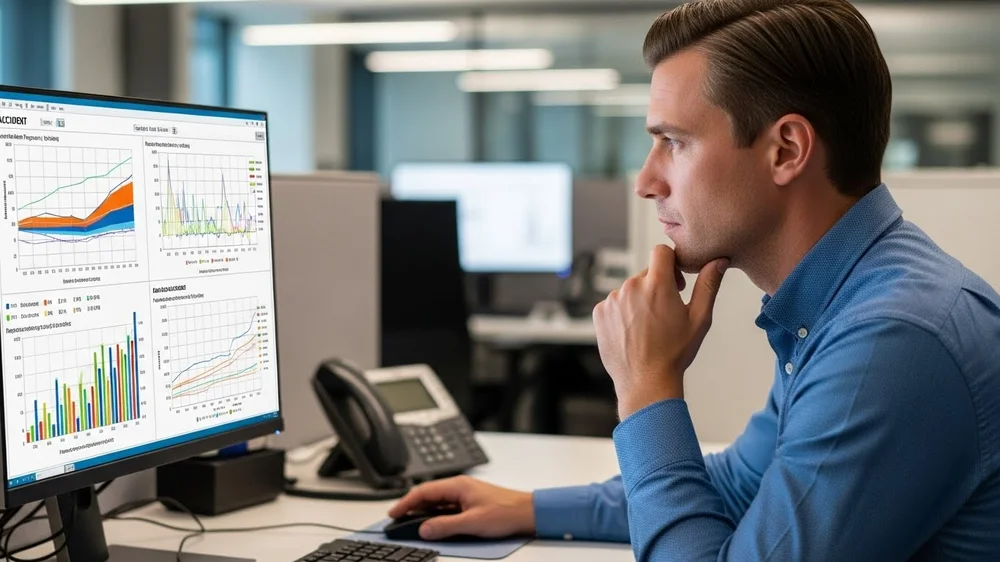 Analista de dados de seguros examinando gráficos e relatórios de acidentes e riscos em um monitor de computador.