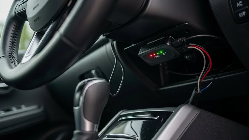Dispositivo rastreador GPS e DVR conectado à porta de diagnóstico OBD-II sob o volante de um carro moderno.
