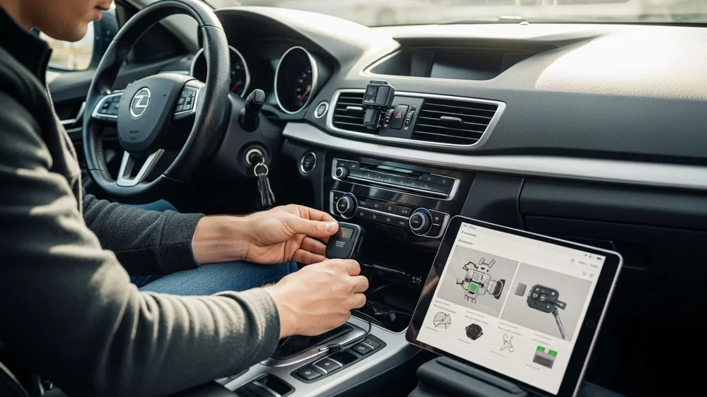 Homem instalando um dispositivo de rastreamento veicular e DVR perto do volante, usando um tablet com diagrama de instalação.