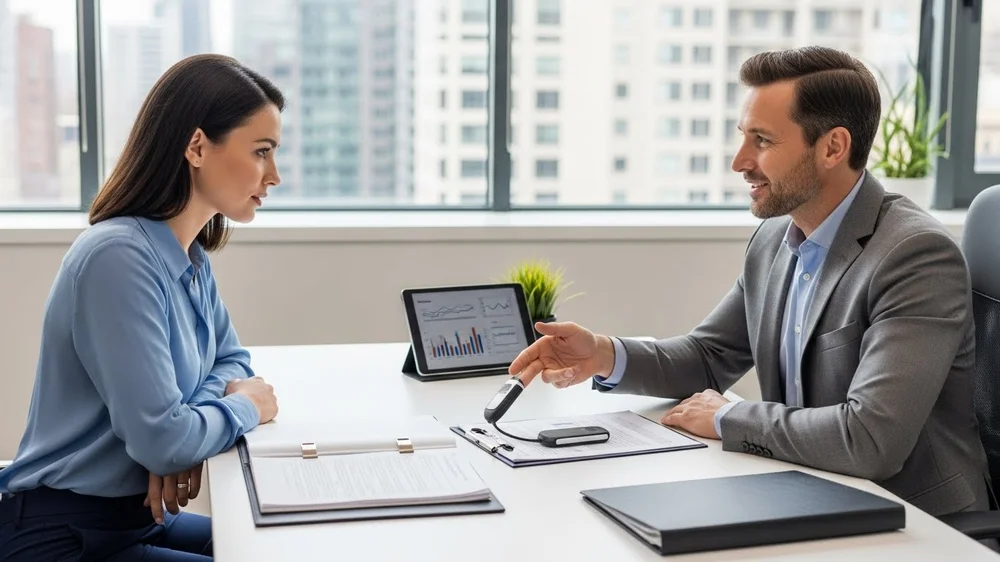Executivo de vendas apresentando um dispositivo veicular (rastreador) e gráficos de análise em tablet para uma cliente em reunião de negócios.