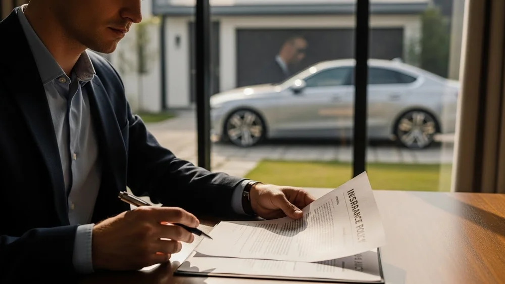 Profissional assinando documento de "Insurance Policy" em mesa, com carro moderno ao fundo.