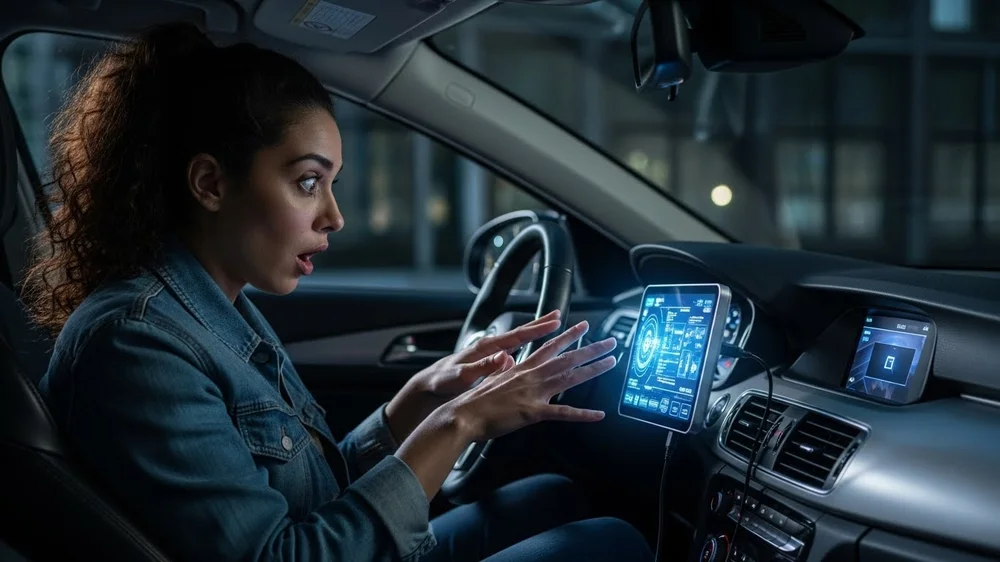 Mulher surpresa interagindo com tela futurista de dados veiculares no painel do carro.