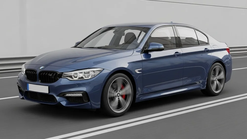 Um sedan azul de luxo moderno dirigindo em alta velocidade em uma pista com fundo cinza neutro.