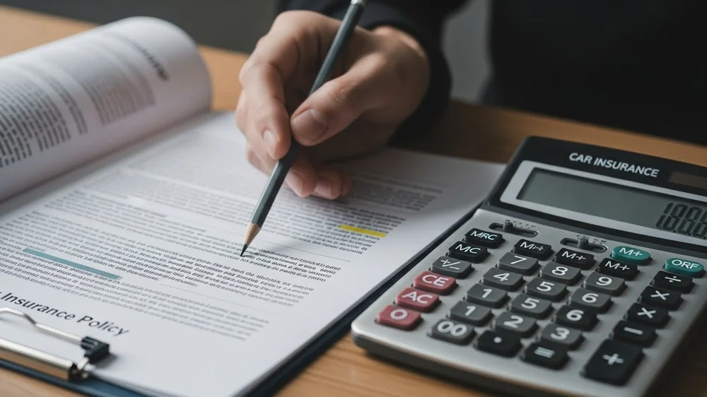 Close das mãos de uma pessoa usando uma caneta para revisar um contrato de seguro ao lado de uma calculadora sobre a mesa.