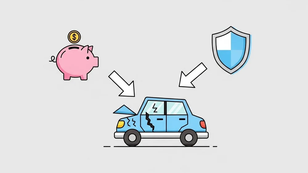 Ilustração simples de um carro azul batido com uma seta vinda de um porquinho de moedas e outra de um escudo de proteção.