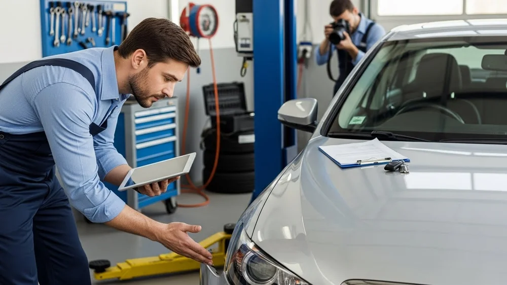 Mecânico em uma oficina apontando para o para-choque de um carro prata enquanto segura um tablet, com um fotógrafo ao fundo.