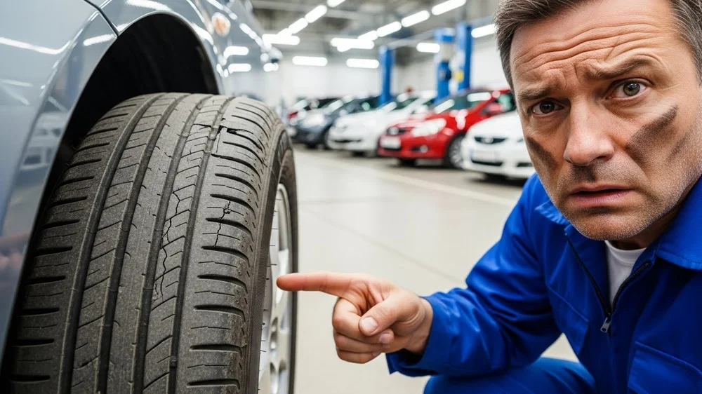 Mecânico com o rosto sujo de graxa aponta com expressão de preocupação para rachaduras profundas na lateral de um pneu desgastado.