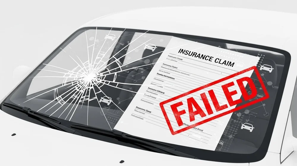Close de um para-brisa de carro quebrado com um formulário de seguro sobreposto por um carimbo vermelho escrito "FAILED" (Recusado).