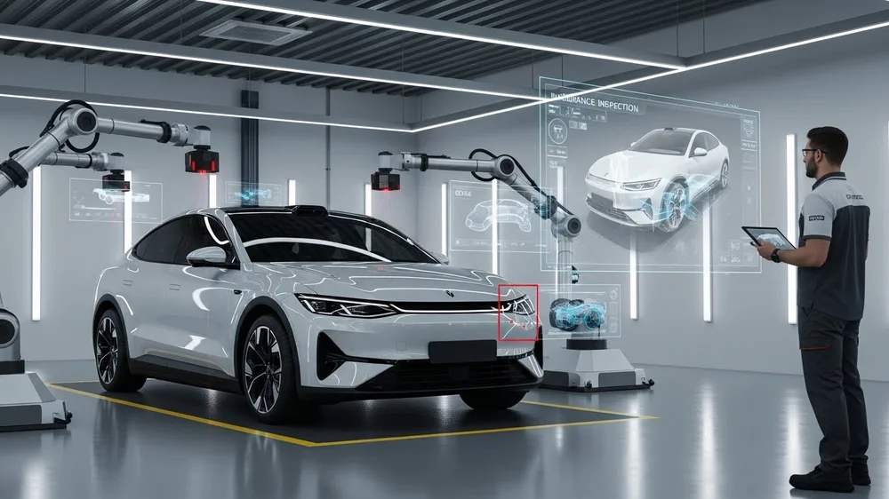 Um técnico em uma oficina moderna usando um tablet enquanto braços robóticos e telas holográficas inspecionam um carro elétrico branco.