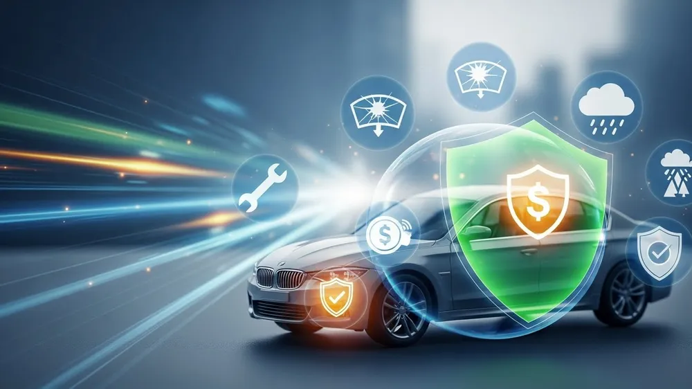 Carro protegido por escudo digital simboliza seguro veicular