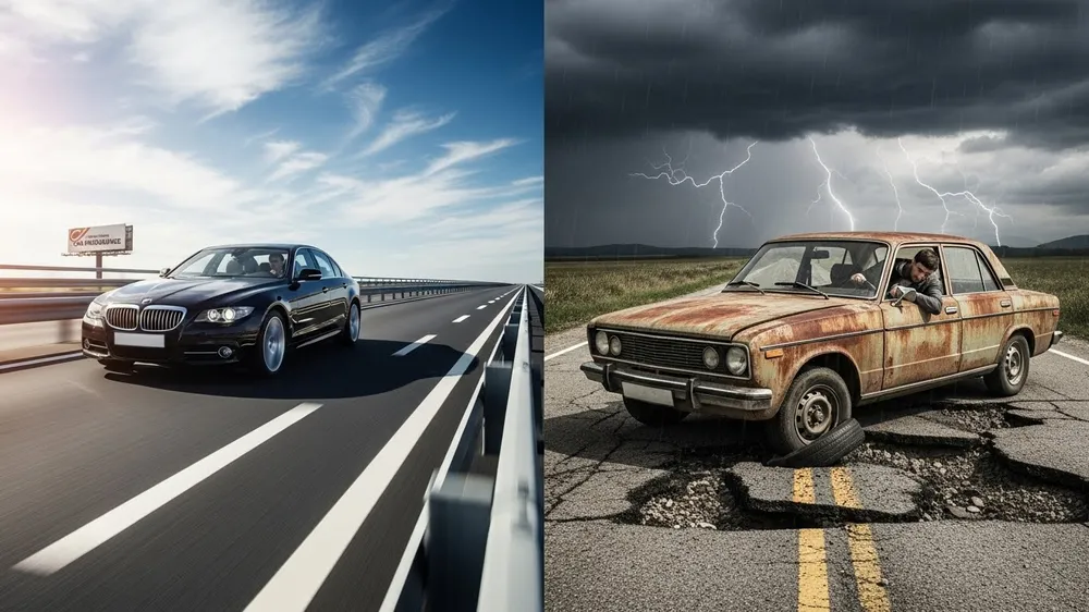 Comparação entre carro protegido e veículo quebrado na estrada