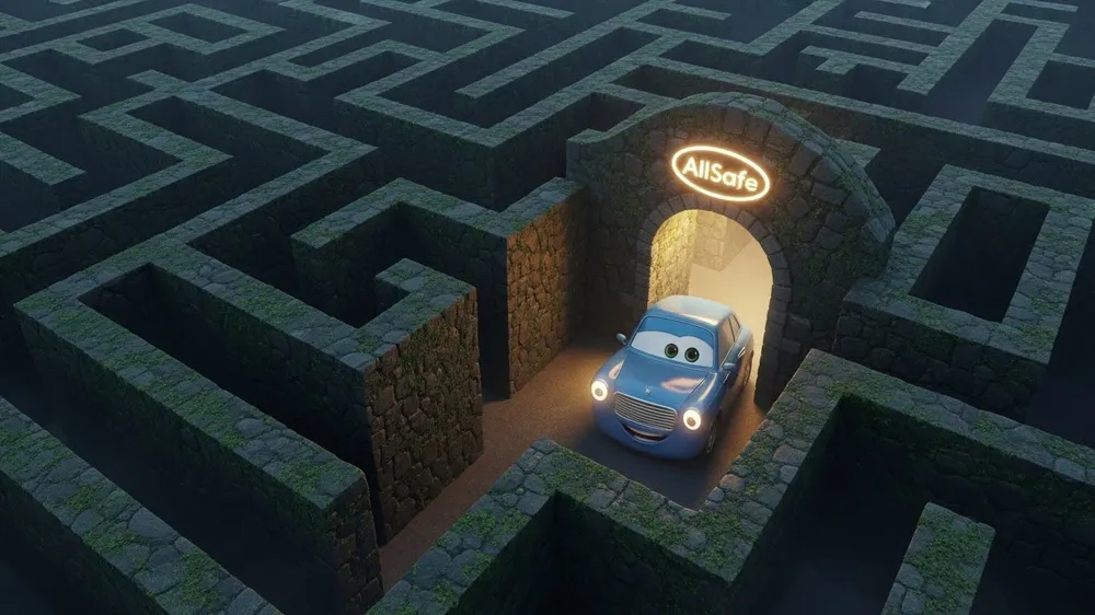 Carro encontra saída segura em labirinto simbolizando proteção