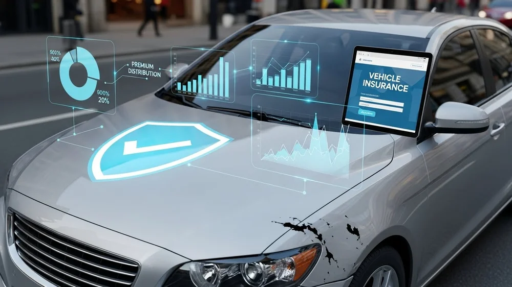 Carro prata com gráficos digitais de seguros, escudo holográfico no capô e um tablet exibindo "Vehicle Insurance" sobre o para-brisa.