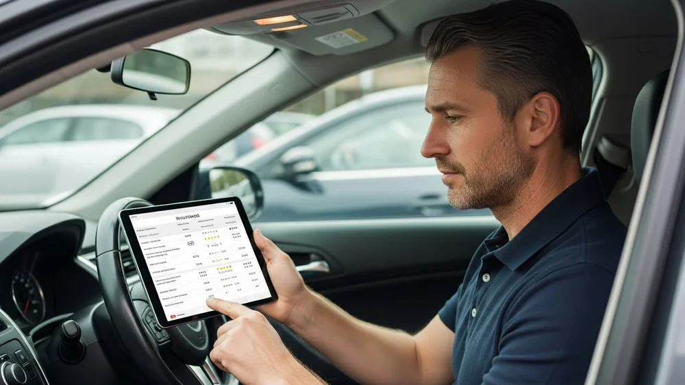 Homem sentado no banco do motorista de um carro, segurando um tablet que exibe uma planilha de custos e comparativos de seguro auto.