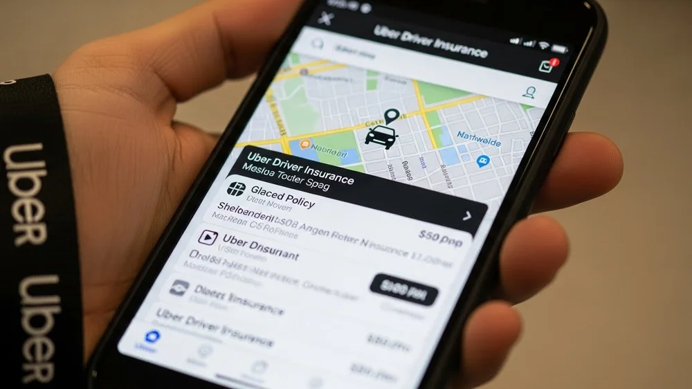 Close de uma mão segurando um smartphone com o aplicativo Uber Driver Insurance aberto, exibindo mapa e detalhes da apólice.