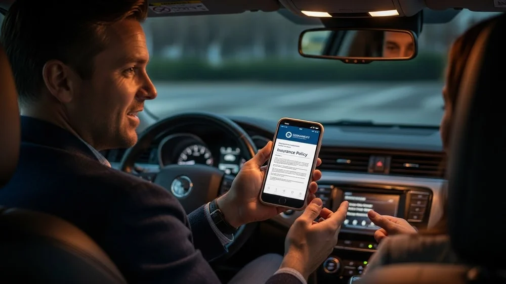 Motorista mostrando apólice de seguro digital (Insurance Policy) no celular para passageiro dentro do carro.