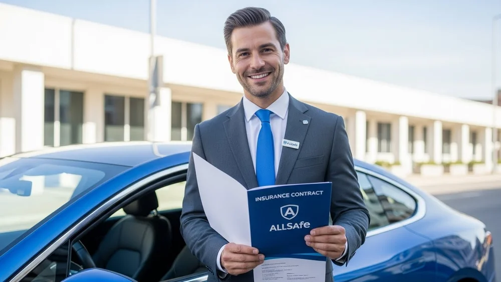 Corretor de seguros sorridente em frente a um carro azul, segurando contrato da seguradora AllSafe.
