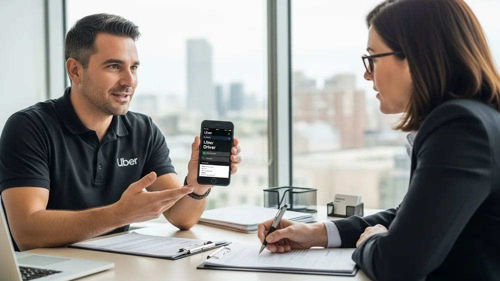 Consultor Uber mostra aplicativo de suporte para motorista em escritório.