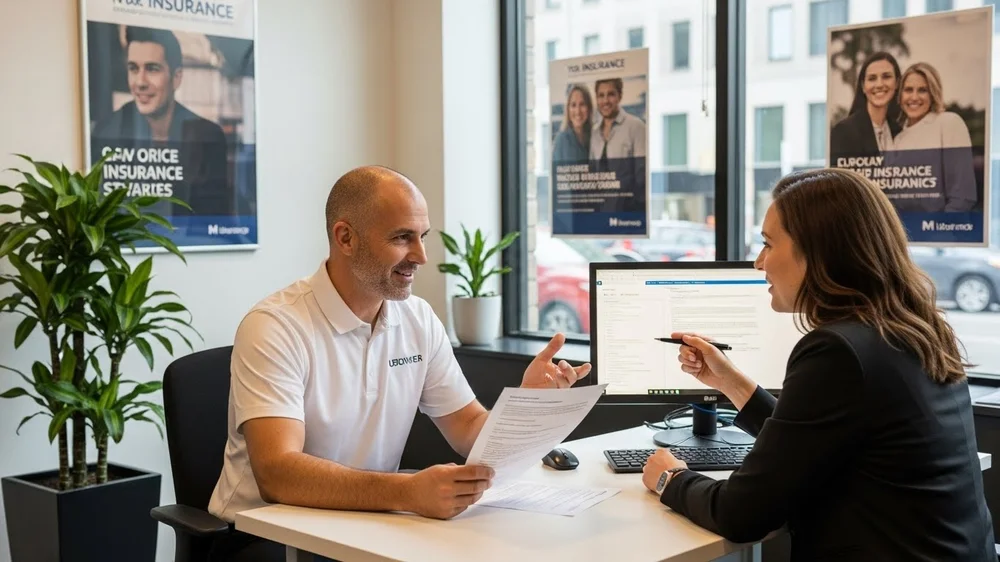 Atendimento presencial em corretora de seguros com cartazes ao fundo.