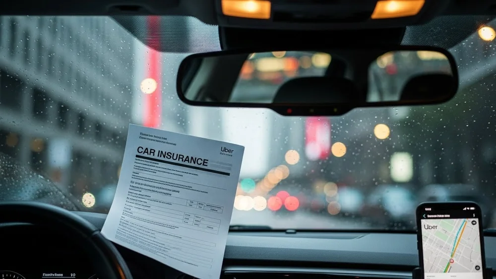Documento de seguro Uber no para-brisa e smartphone com GPS em dia de chuva.
